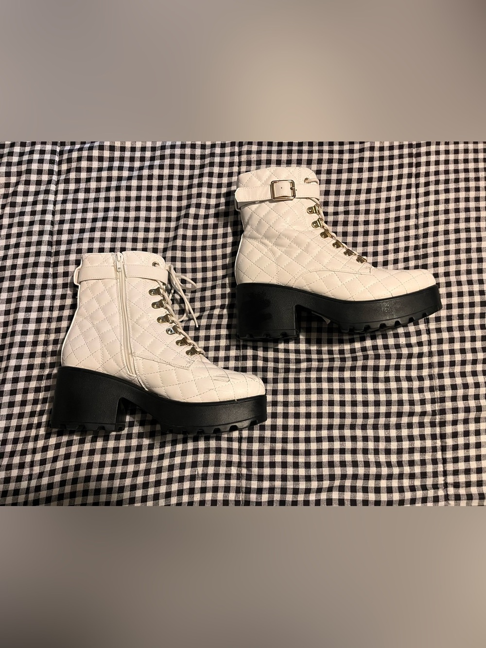 KOI Quilted White Lace-Up Platform Ankle Boots with Buckle Strap